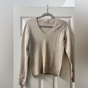 Tweeds Cashmere V-Neck Cable Knit Sweater - Beige